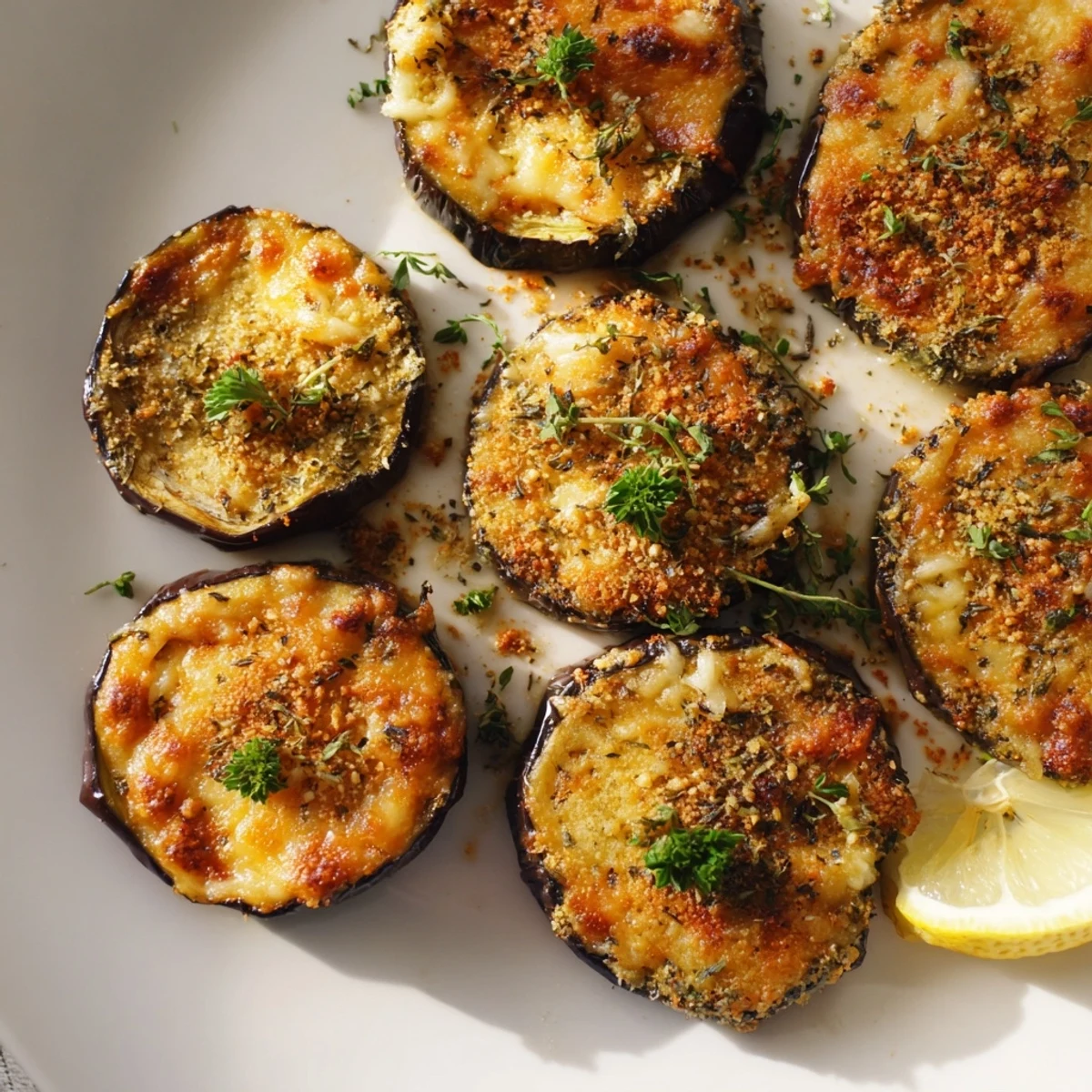Golden roasted eggplant rounds topped with crispy Mediterranean herbs and Parmesan cheese, served as a gluten-free vegetarian appetizer.