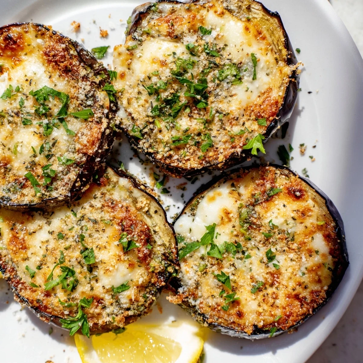 Mediterranean Roasted Eggplant & Parmesan Crisps garnished with fresh parsley and lemon wedges, ready to serve on a platter.