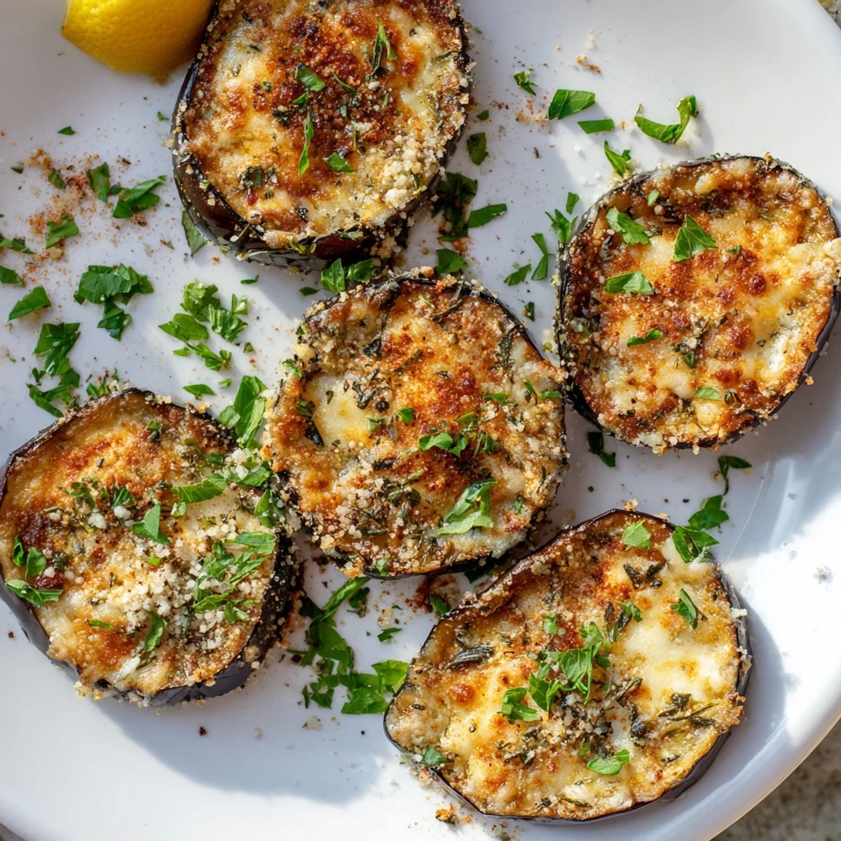 Baked eggplant slices with bubbly, golden Parmesan topping, offering a savory Mediterranean flavor for an easy elegant snack.
