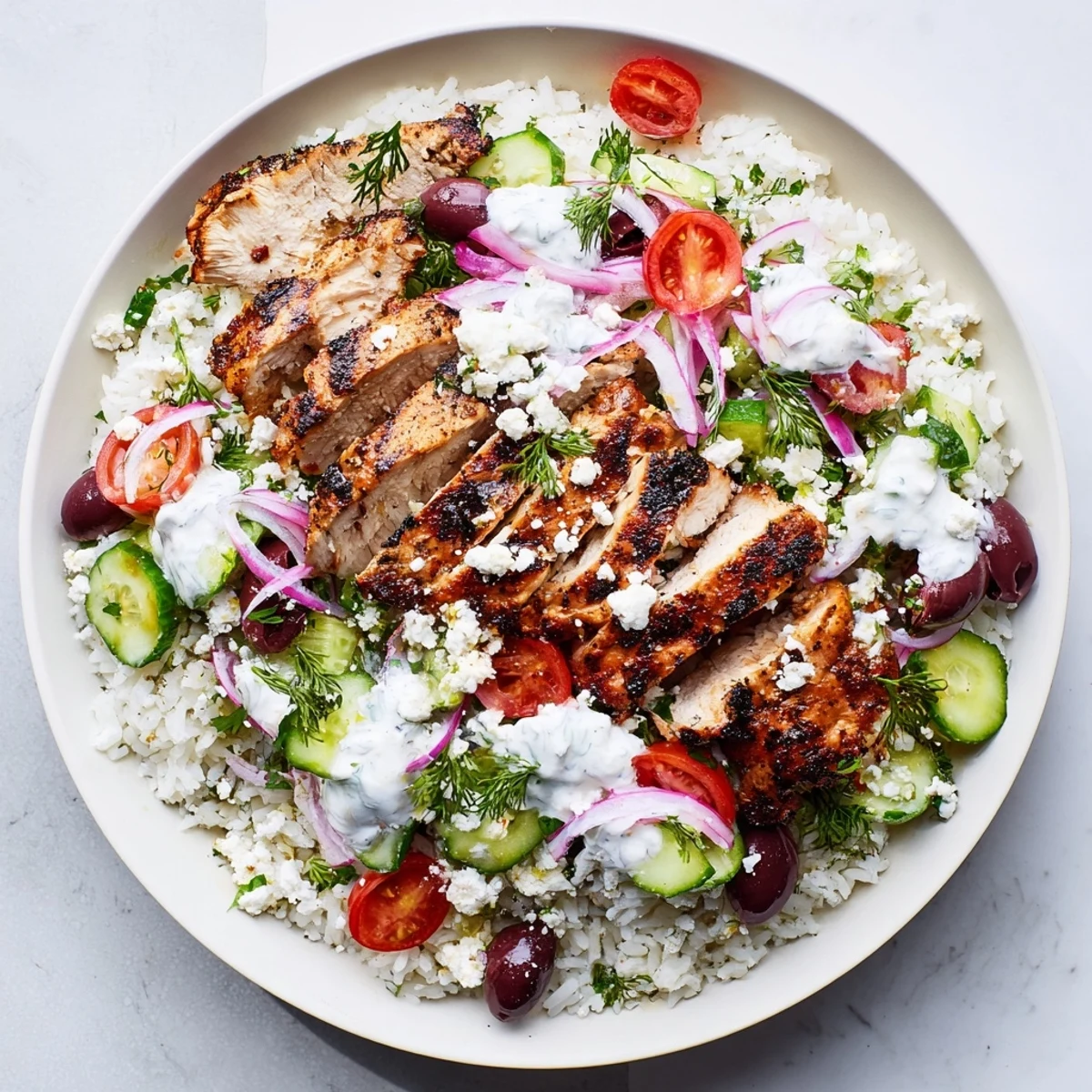 A vibrant bowl of Greek Chicken Bowls featuring tender chicken, feta cheese, olives, and creamy tzatziki sauce.