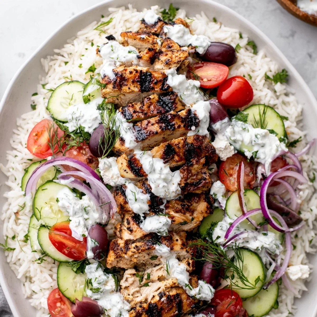 Freshly grilled Greek Chicken Bowls with juicy marinated chicken, cherry tomatoes, and cucumber served over herbed rice.