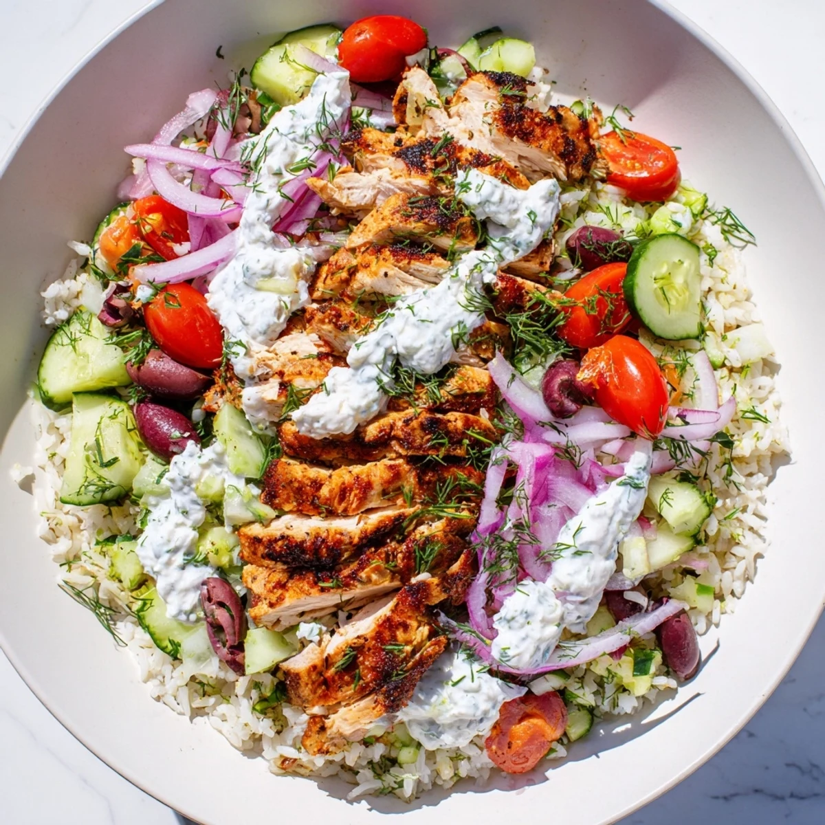 Colorful Greek Chicken Bowls with sliced grilled chicken, fluffy rice, and fresh Mediterranean toppings ready to serve.