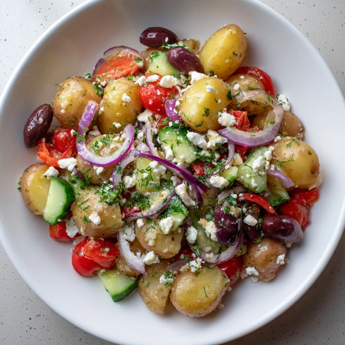 Bright bowl of Refreshing Olive Greek Potato Salad with tender Yukon Gold potatoes, juicy cherry tomatoes, and crumbled feta.