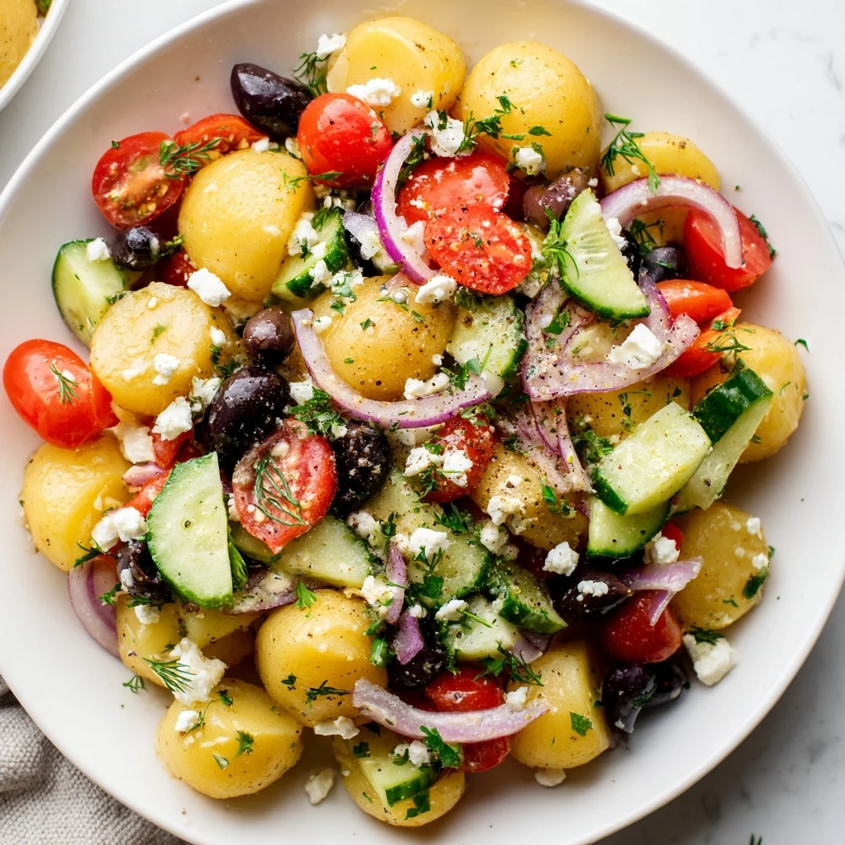 Refreshing Olive Greek Potato Salad is tossed in a zesty red wine vinaigrette and served chilled.
