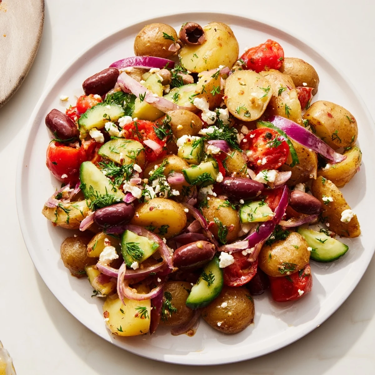 Savory Refreshing Olive Greek Potato Salad features Kalamata olives, crisp cucumber, and fresh herbs on a summer table.