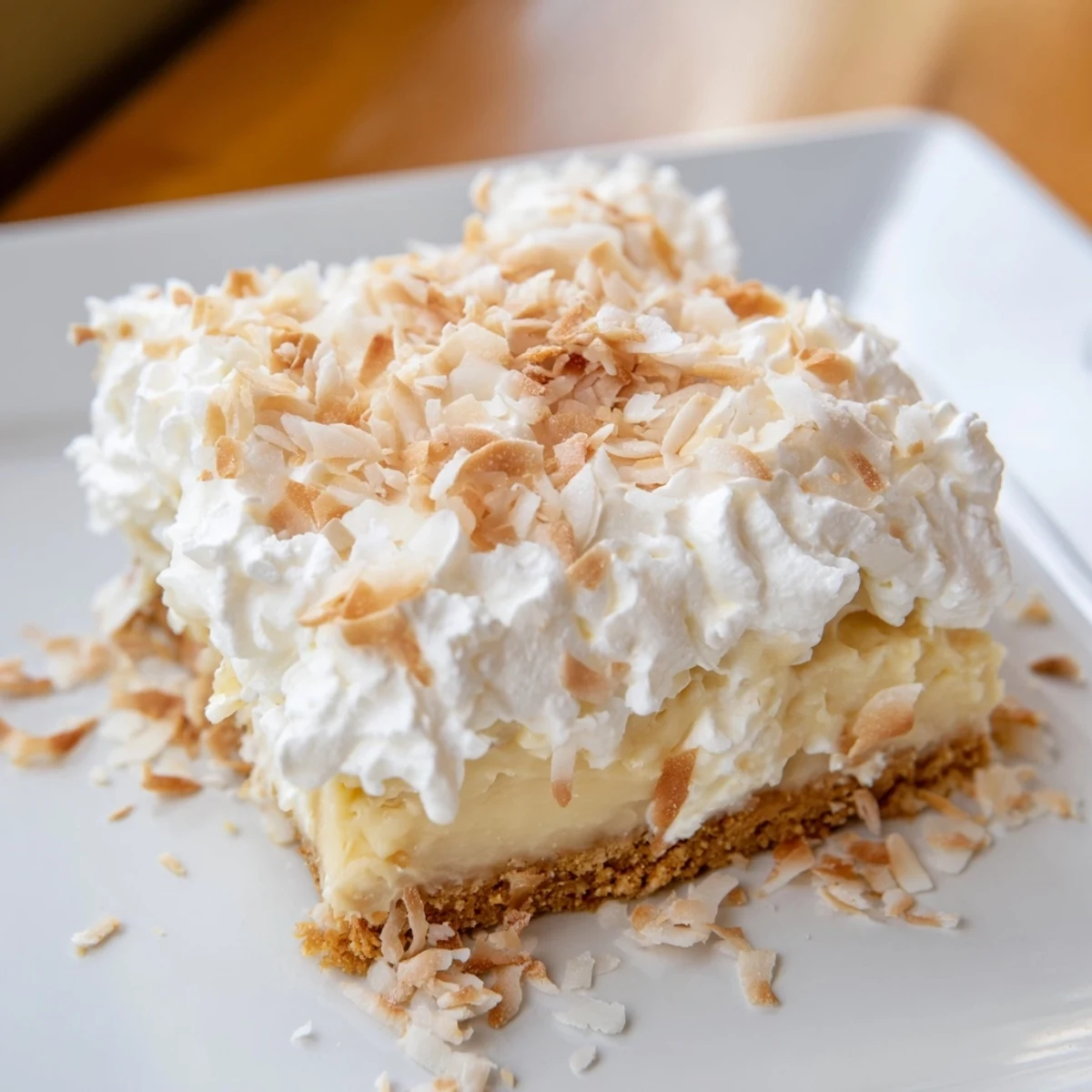 A close-up of Coconut Cream Dream Bars showing the layered texture and toasted coconut flakes on top.