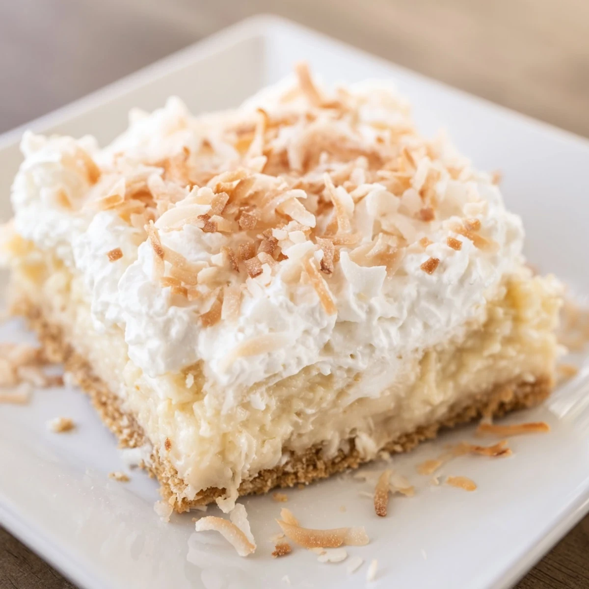 Freshly cut squares of Coconut Cream Dream Bars arranged on a white plate with a dollop of whipped cream.