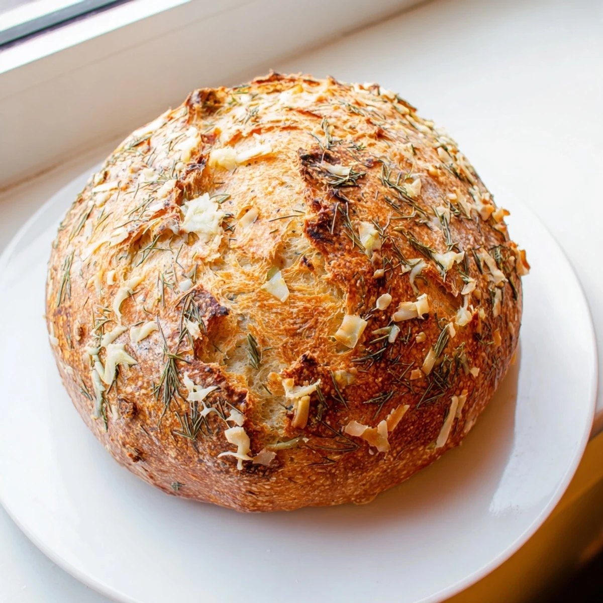 A rustic round No-Knead Dill Gouda Artisan Bread loaf with a golden, crackly crust, fresh dill flecks, and melted Gouda, sliced on a wooden board.