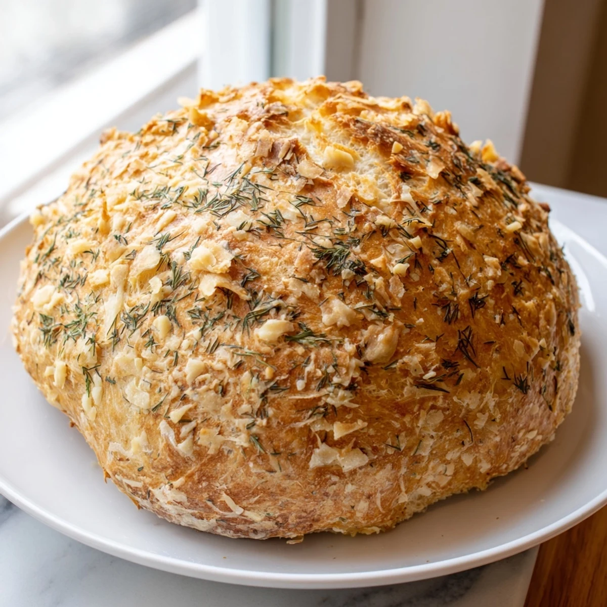 Serving suggestion for No-Knead Dill Gouda Artisan Bread: a thick slice slathered with butter beside a warm bowl of tomato soup, highlighting the rustic crust.