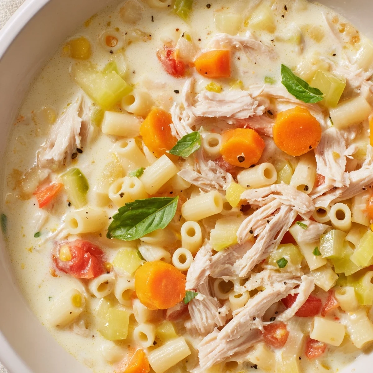 Close-up of Crock Pot Creamy Chicken Parmesan Soup featuring tender shredded chicken and carrots in creamy broth.
