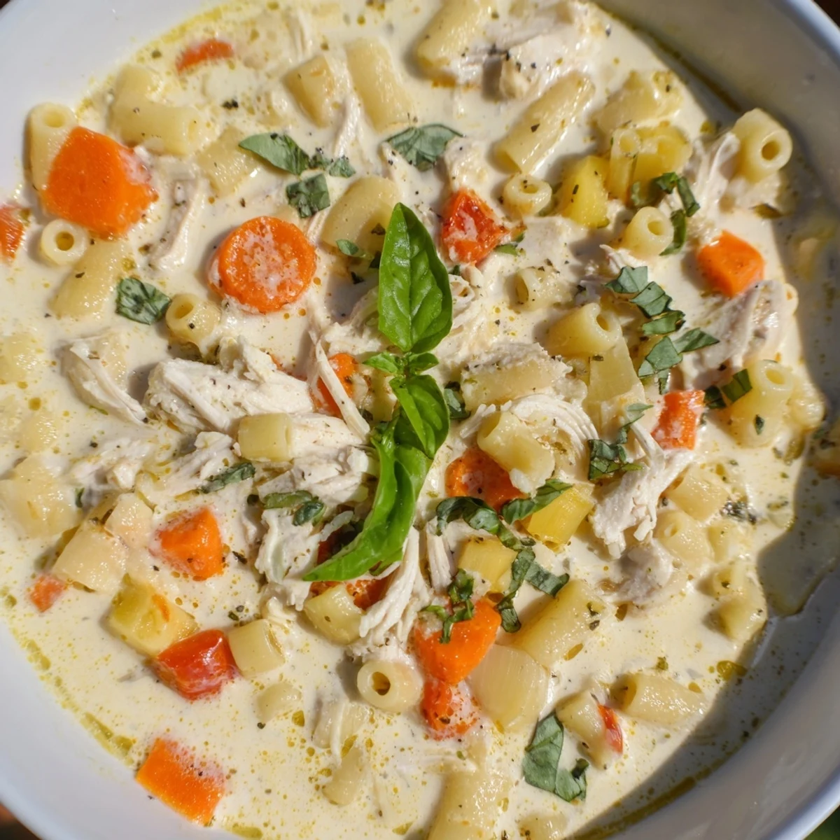 Crock Pot Creamy Chicken Parmesan Soup steaming in a rustic bowl beside crusty Italian bread slices.  