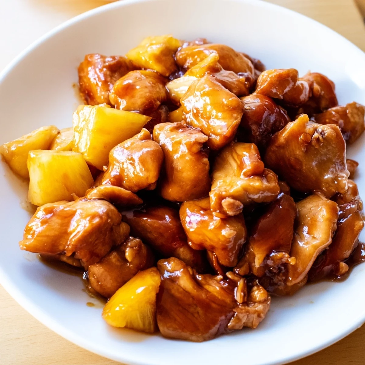 A close-up of juicy Honey Garlic Pineapple Chicken in a sweet-savory sauce, ready for a quick weeknight dinner.
