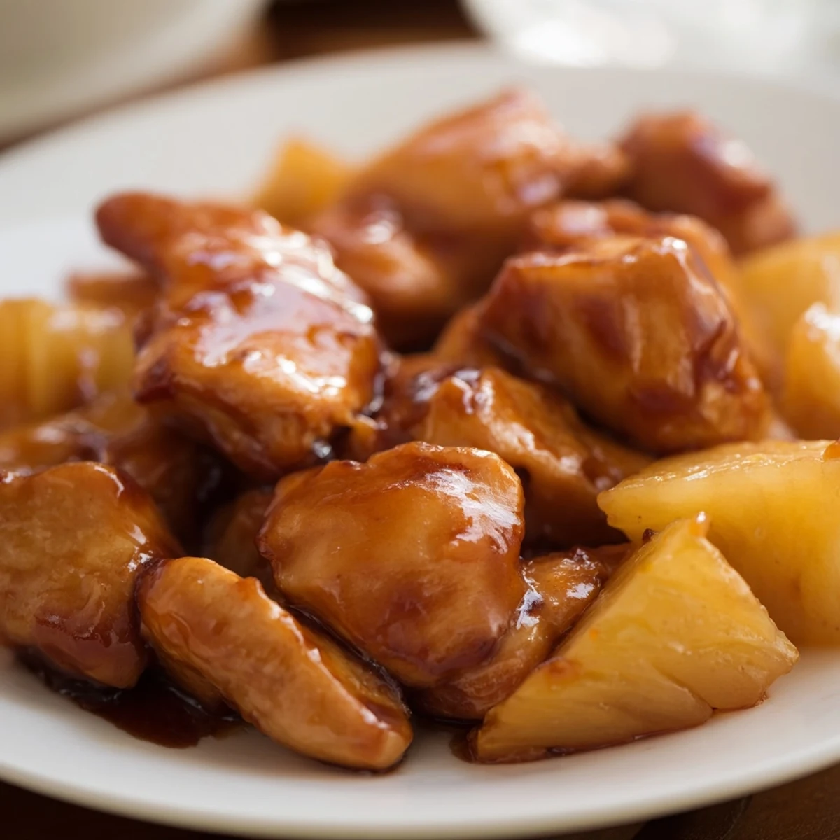 Tender Honey Garlic Pineapple Chicken served over fluffy white rice with green onion garnish and sesame seeds.