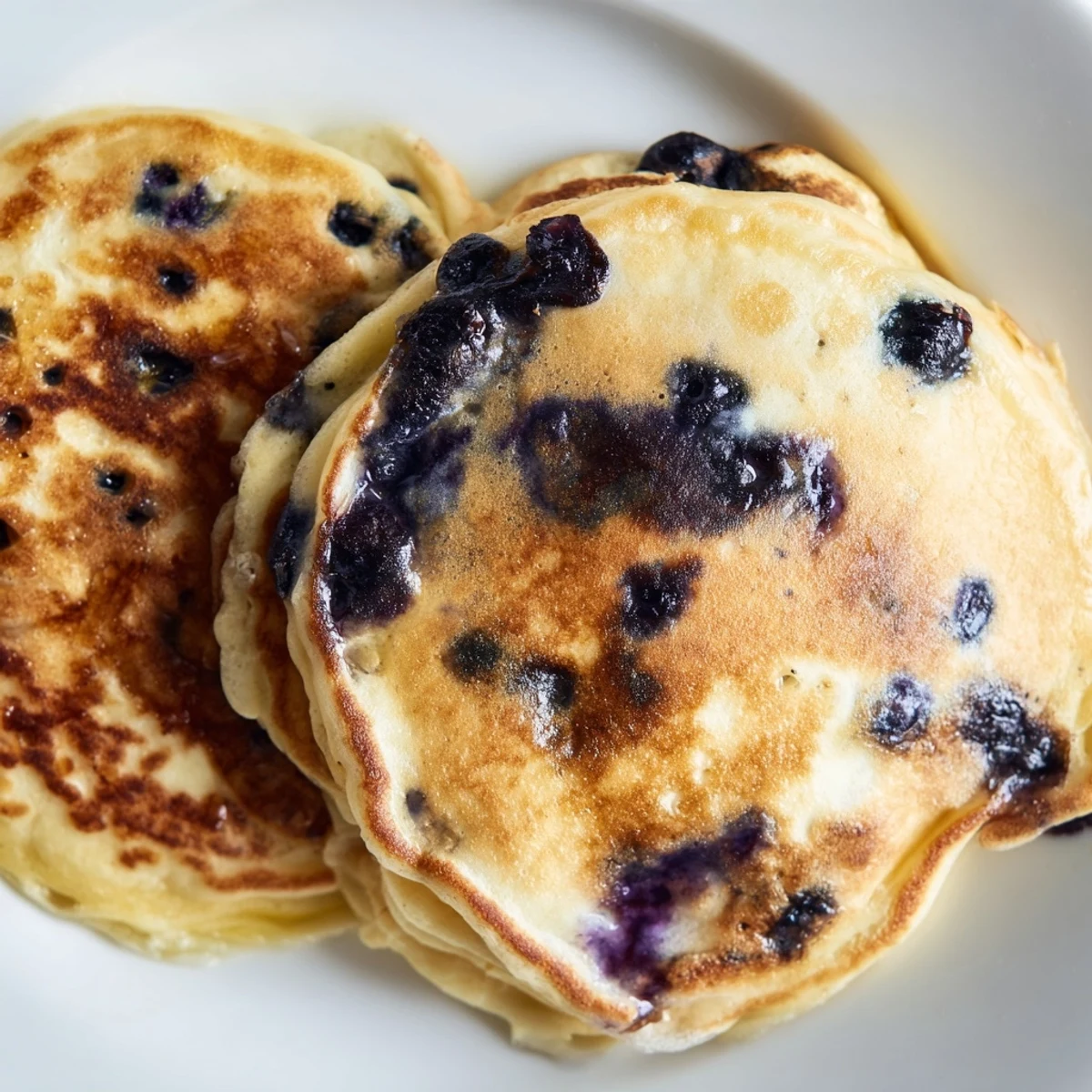 A stack of fluffy Greek Yogurt Blueberry Pancakes topped with fresh blueberries and a drizzle of warm maple syrup.