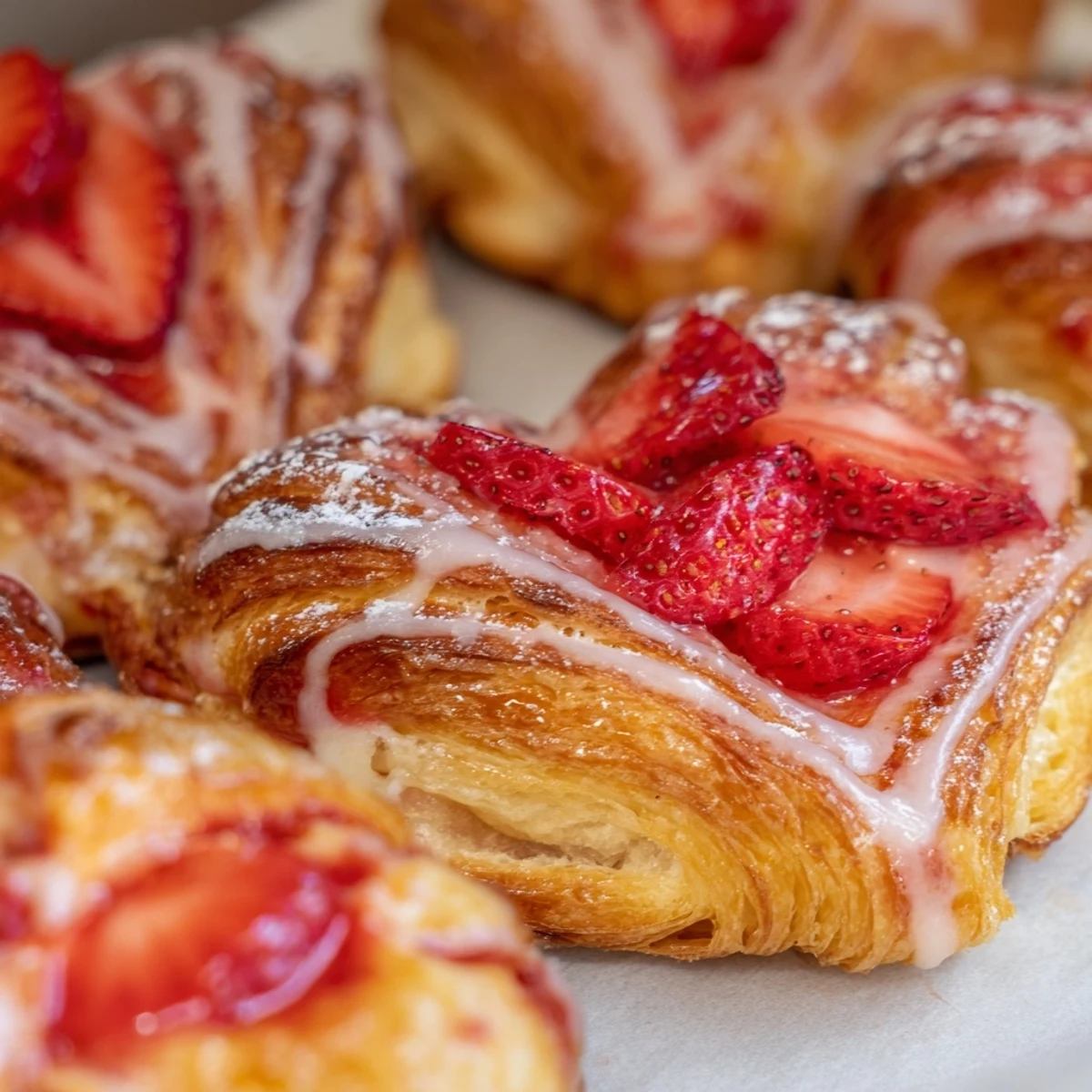 A close-up view of Strawberry Cream Cheese Heart Danishes with fresh strawberry slices and cream cheese filling, perfect for a charming brunch spread.