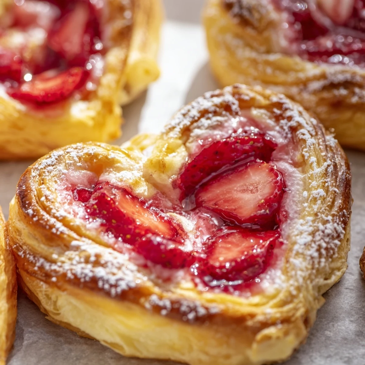 Golden-brown Strawberry Cream Cheese Heart Danishes on a white plate, showcasing flaky pastry layers and a sweet glaze drizzle for a romantic breakfast treat.