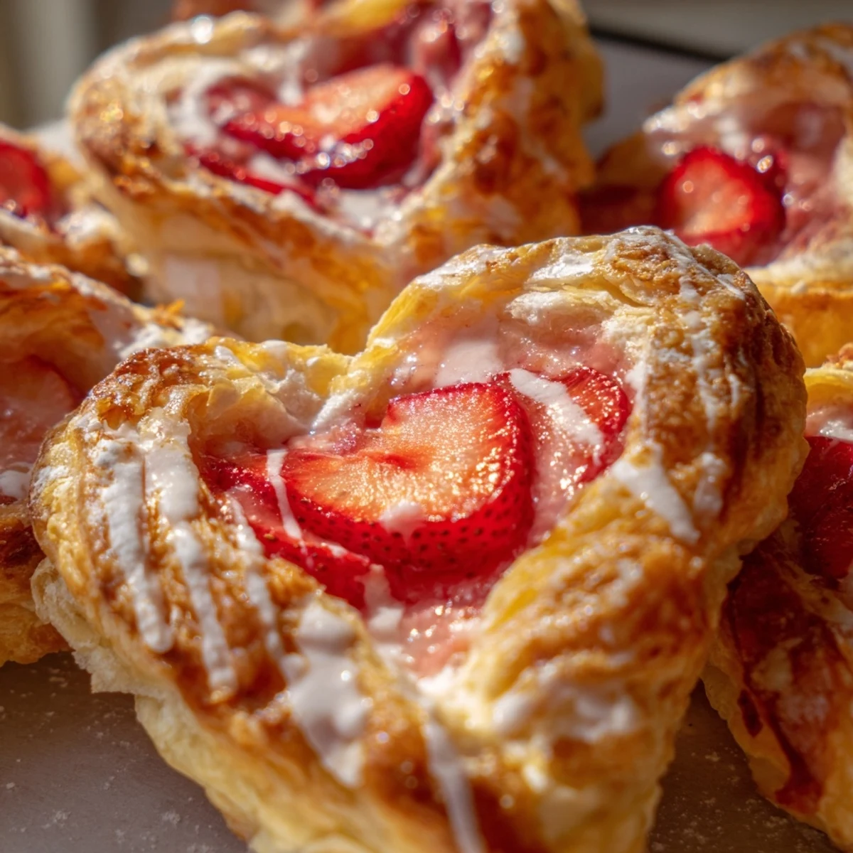 Freshly baked Strawberry Cream Cheese Heart Danishes resting on a wire cooling rack, with vibrant strawberry preserves and a dusting of powdered sugar.