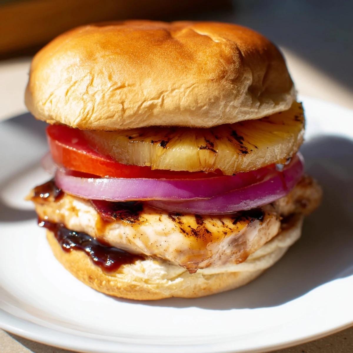 Golden grilled chicken breast topped with caramelized pineapple ring on a soft bun, drizzled with tangy teriyaki sauce for the Hawaiian Pineapple Chicken Burger.