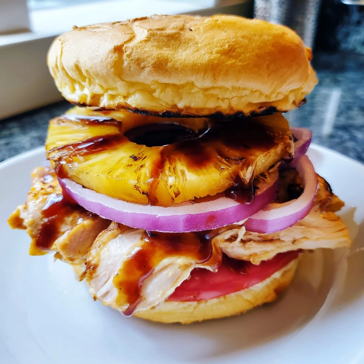 Juicy grilled chicken patty with sweet pineapple and savory teriyaki glaze, assembled in a hamburger bun, representing an island-inspired main dish.
