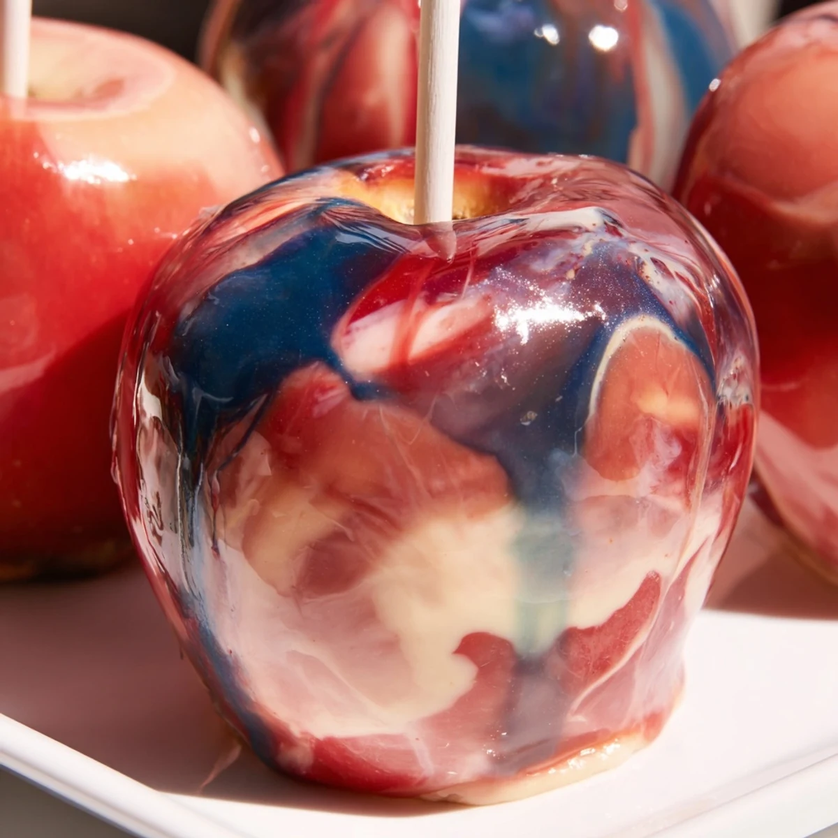 Marbled Effect Candy Apples displayed on a rustic wooden tray with a glossy, swirled red and blue candy coating.