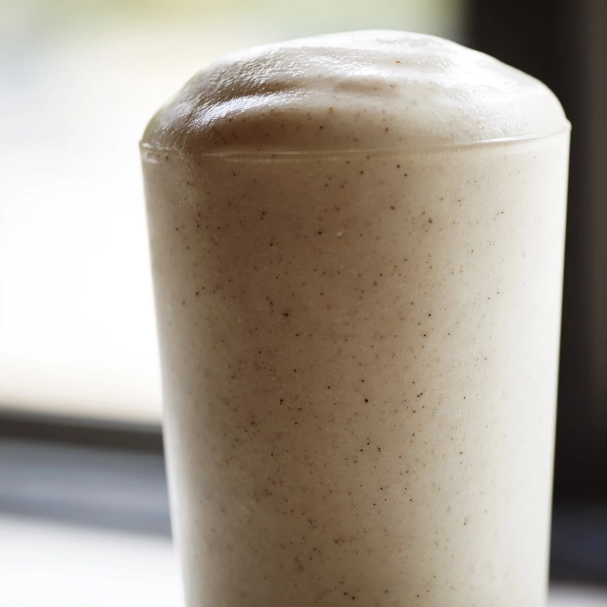Creamy Vanilla Bean Frappuccino in a tall glass, featuring real vanilla specks and a smooth, icy texture, ready to enjoy.