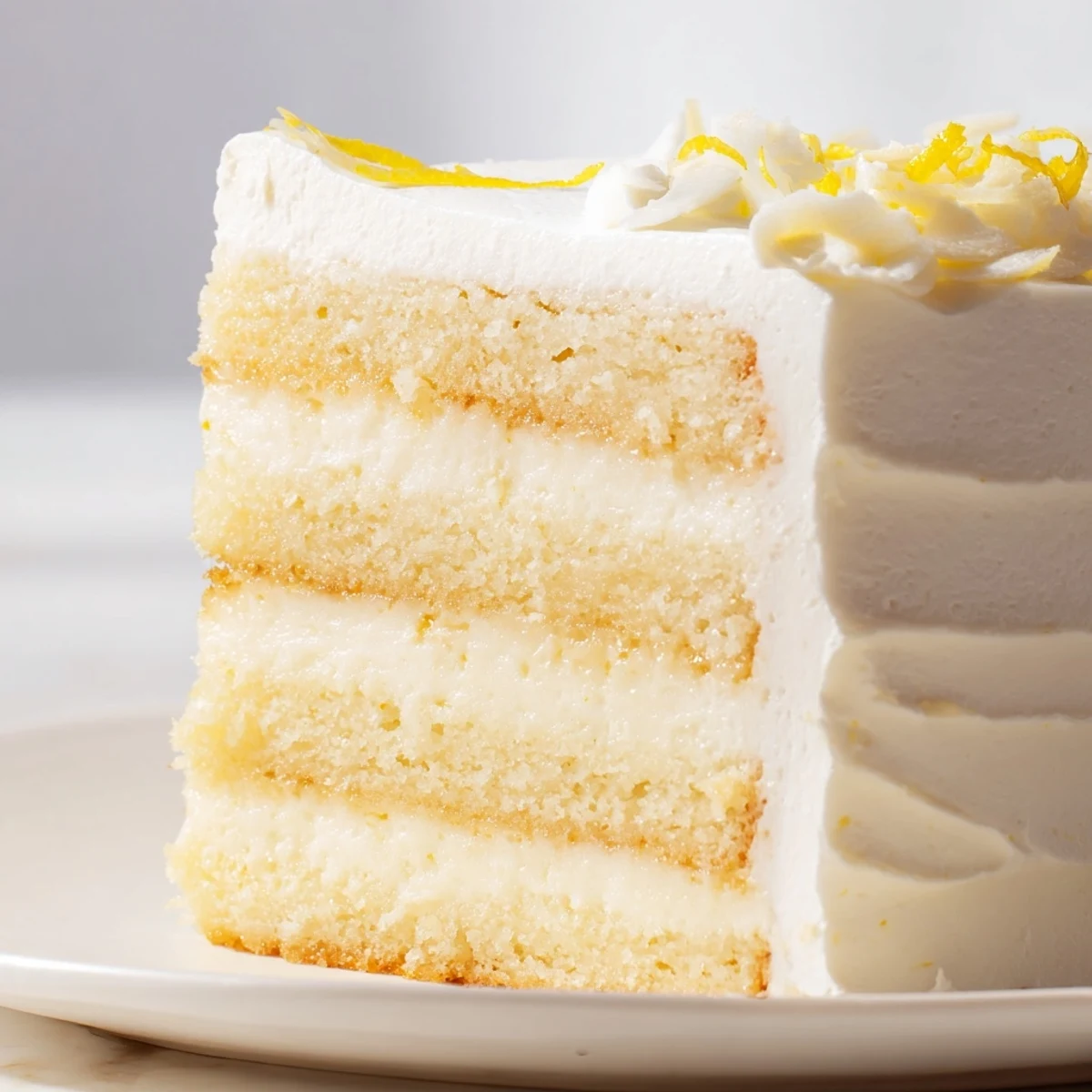 Close-up of Limoncello Mascarpone Cake slice revealing tender crumb soaked in syrup and tangy lemon zest garnish.