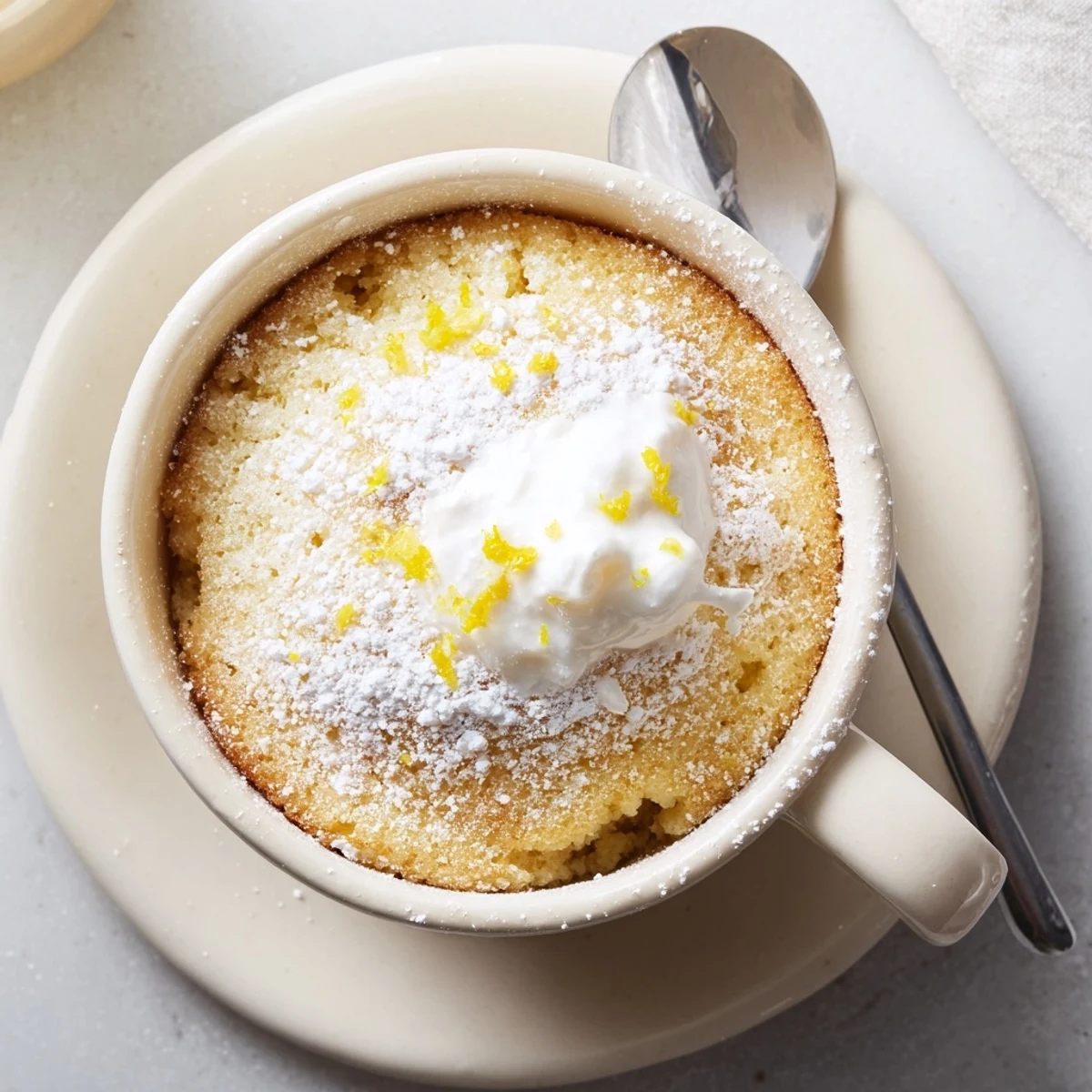 A fluffy Lemon Cottage Cheese Mug Cake with a golden top and bright lemon zest garnish in a ceramic mug.