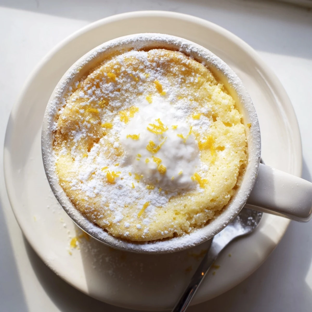 Close-up of a moist Lemon Cottage Cheese Mug Cake, revealing tender crumb and fresh lemon zest, ready to eat.