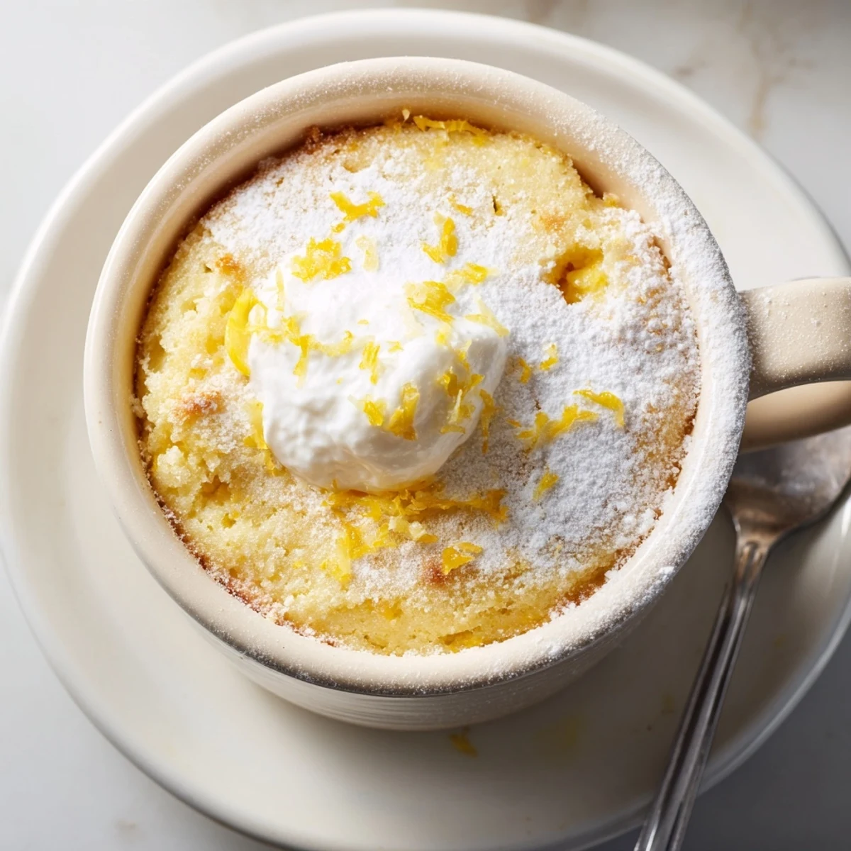 Enjoy this single-serving Lemon Cottage Cheese Mug Cake warm from the microwave, dusted with powdered sugar and a spoonful of yogurt.