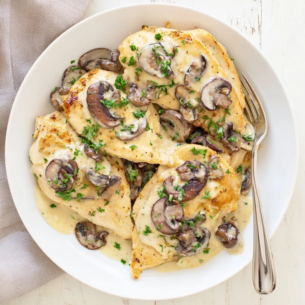 Golden-brown seared chicken breasts smothered in a creamy mushroom and Asiago cheese sauce, garnished with fresh parsley.