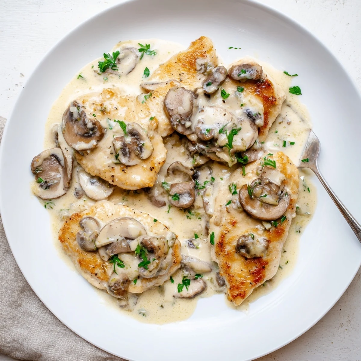 Mushroom Asiago Chicken served hot over mashed potatoes, featuring tender meat and a rich, savory gravy.
