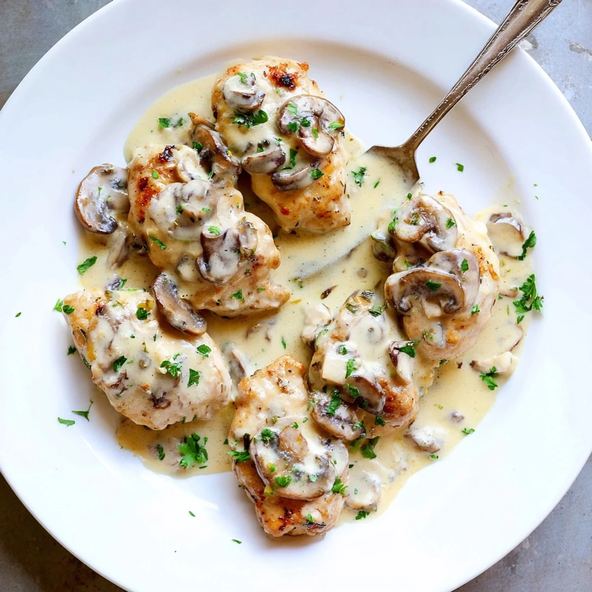 Close-up of Mushroom Asiago Chicken, highlighting the melted Asiago and sautéed mushrooms in a luscious, garlicky sauce.