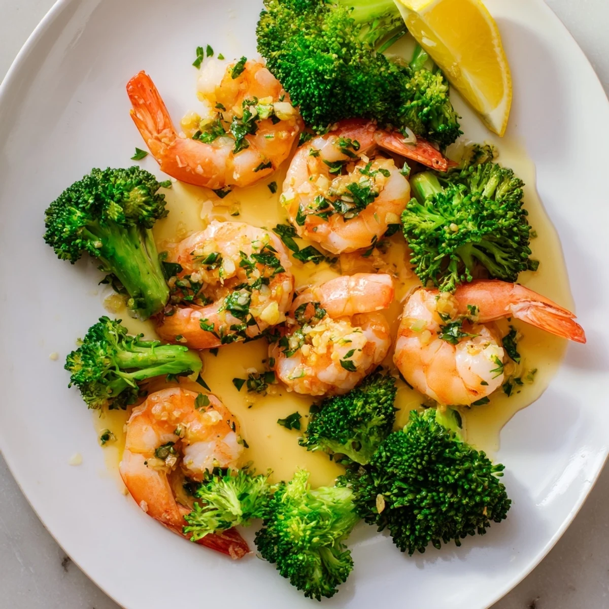 Steamed broccoli and glazed shrimp in honey garlic butter drizzled with lemon for a savory weeknight dinner.