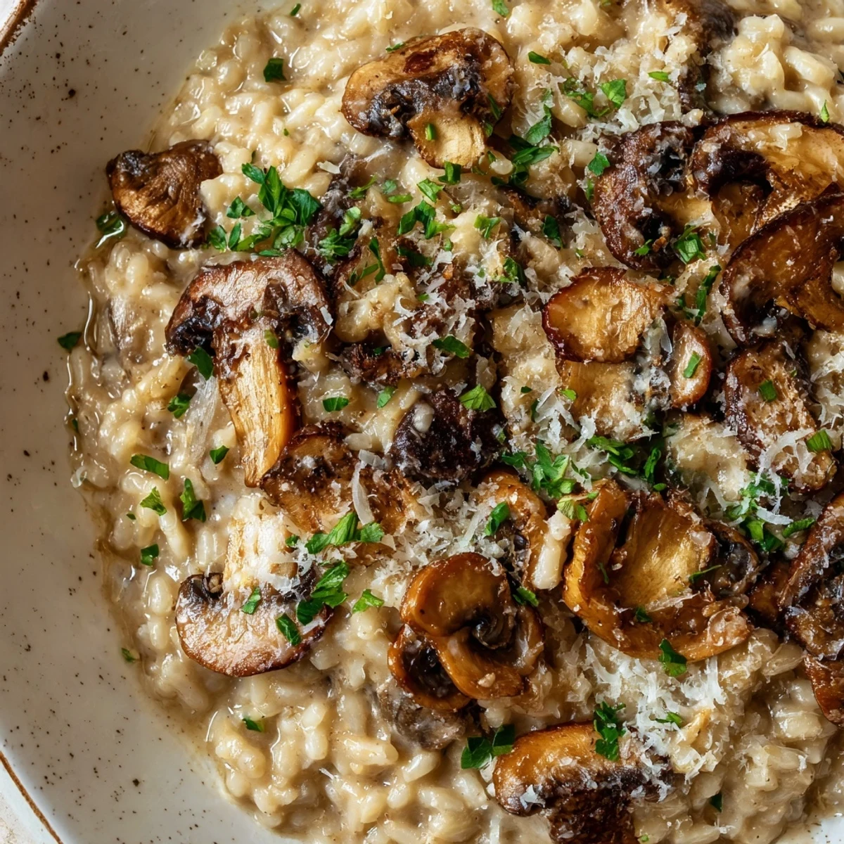 Creamy Mushroom Risotto topped with sautéed mushrooms and fresh parsley in a white bowl.