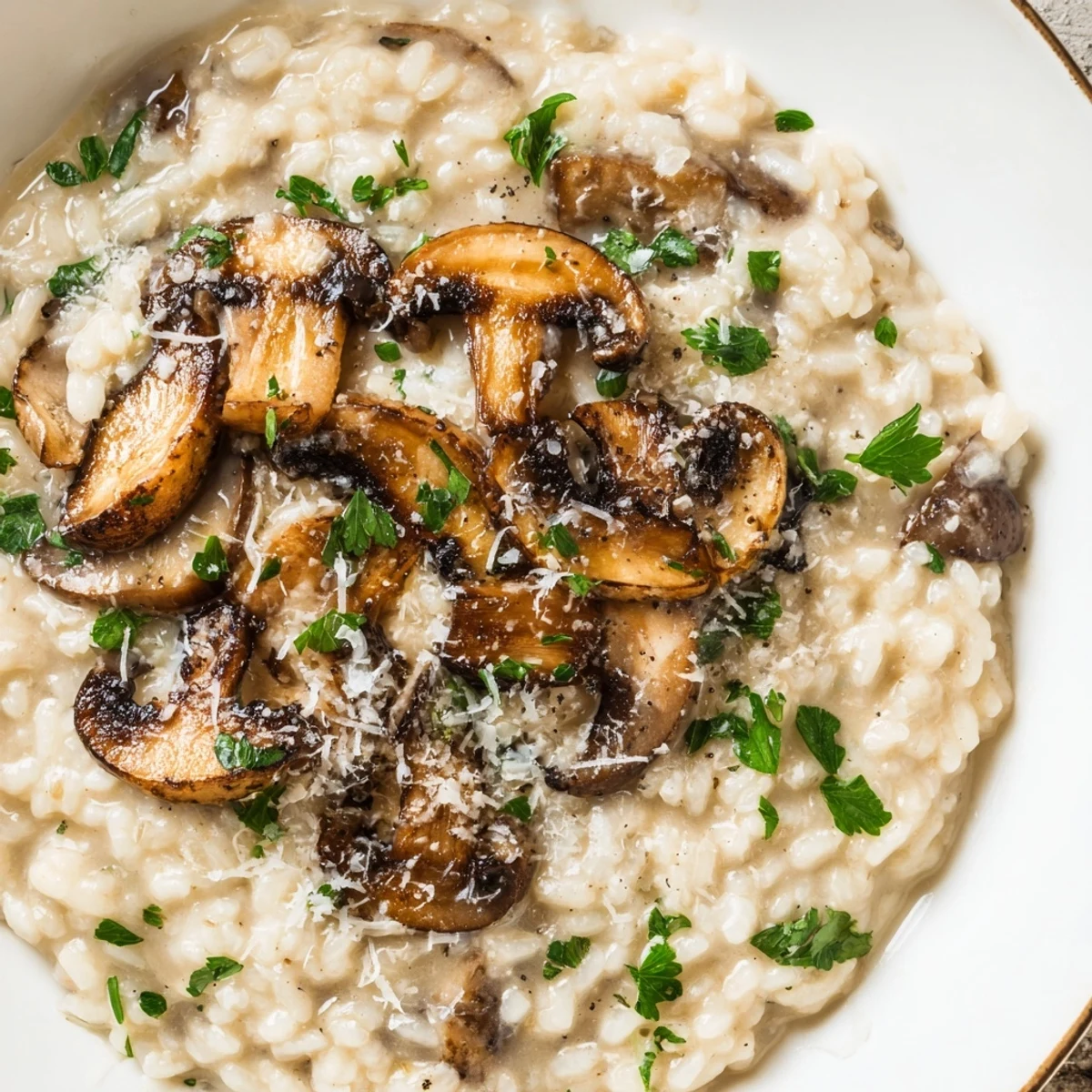 A close-up of Creamy Mushroom Risotto, showing the velvety texture and glistening Parmesan.