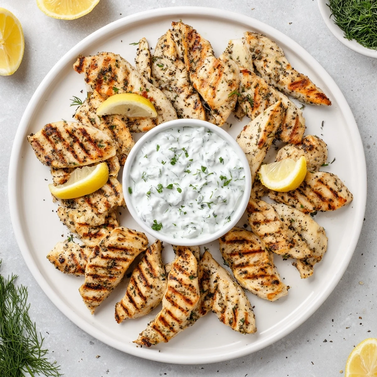 Golden grilled Greek chicken tenders marinated with oregano and lemon, served with creamy cucumber yogurt sauce and fresh parsley garnish.