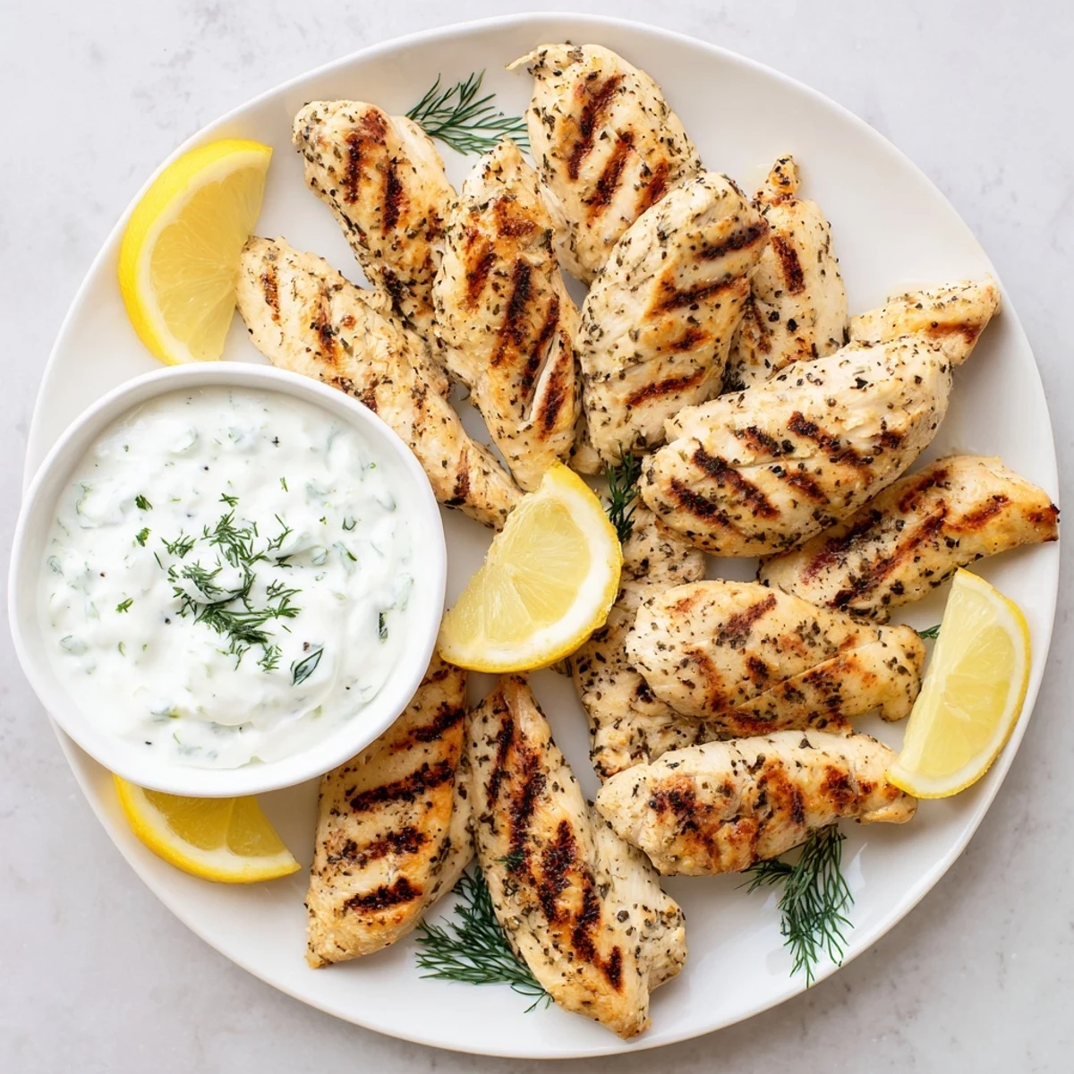 Juicy Greek chicken tenders fresh off the grill, paired with tangy tzatziki-style dip and bright lemon wedges on a rustic platter.