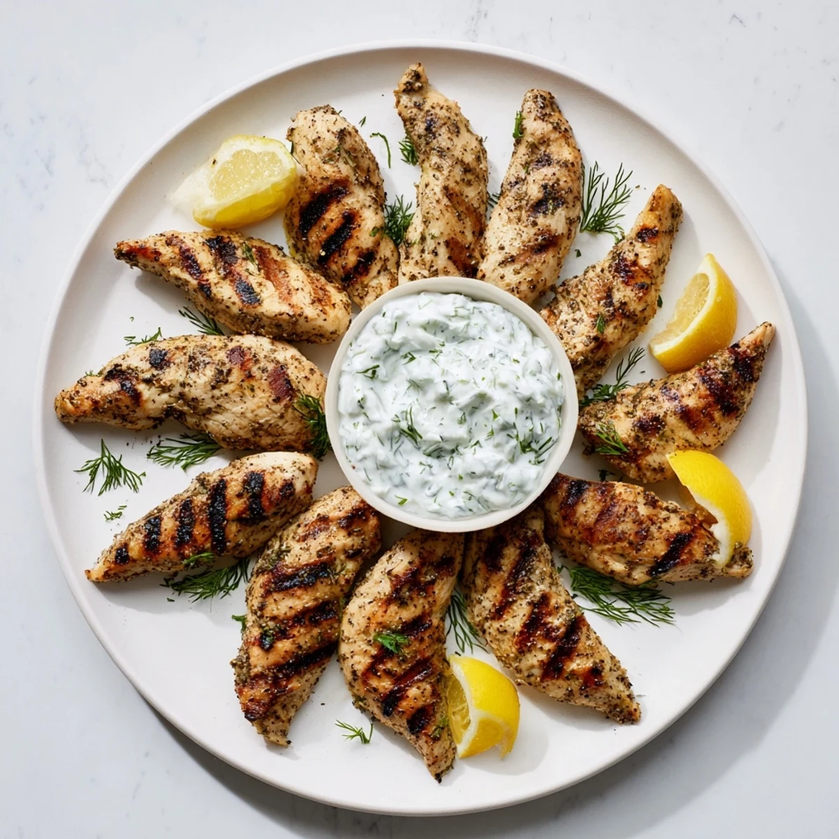 A close-up of tender herb-marinated Greek chicken tenders, drizzled with olive oil and served alongside refreshing yogurt sauce for dipping.