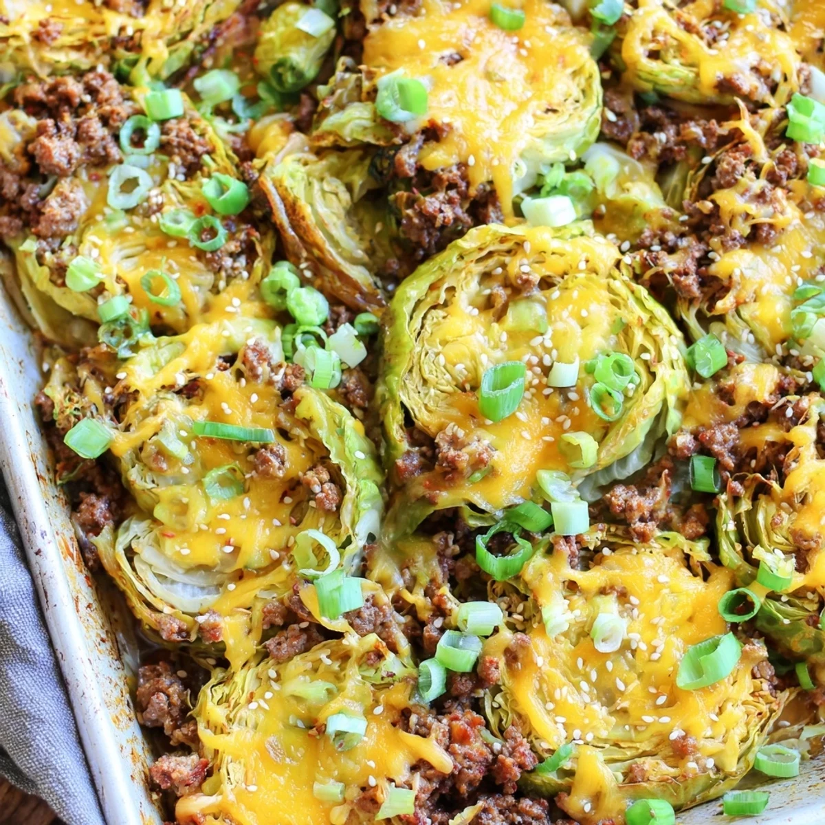 A close-up of the Easy Crispy Cabbage Burger Bake showing bubbly cheese, juicy beef, and golden cabbage slices.