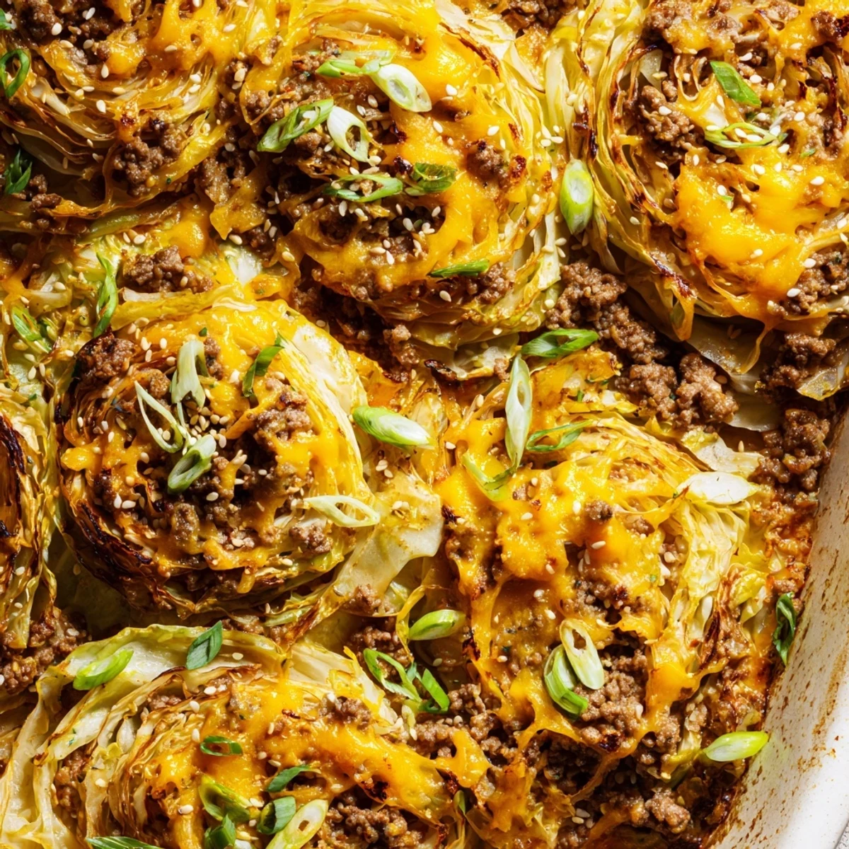 The Easy Crispy Cabbage Burger Bake served hot with fresh tomatoes and pickles on a rustic table.
