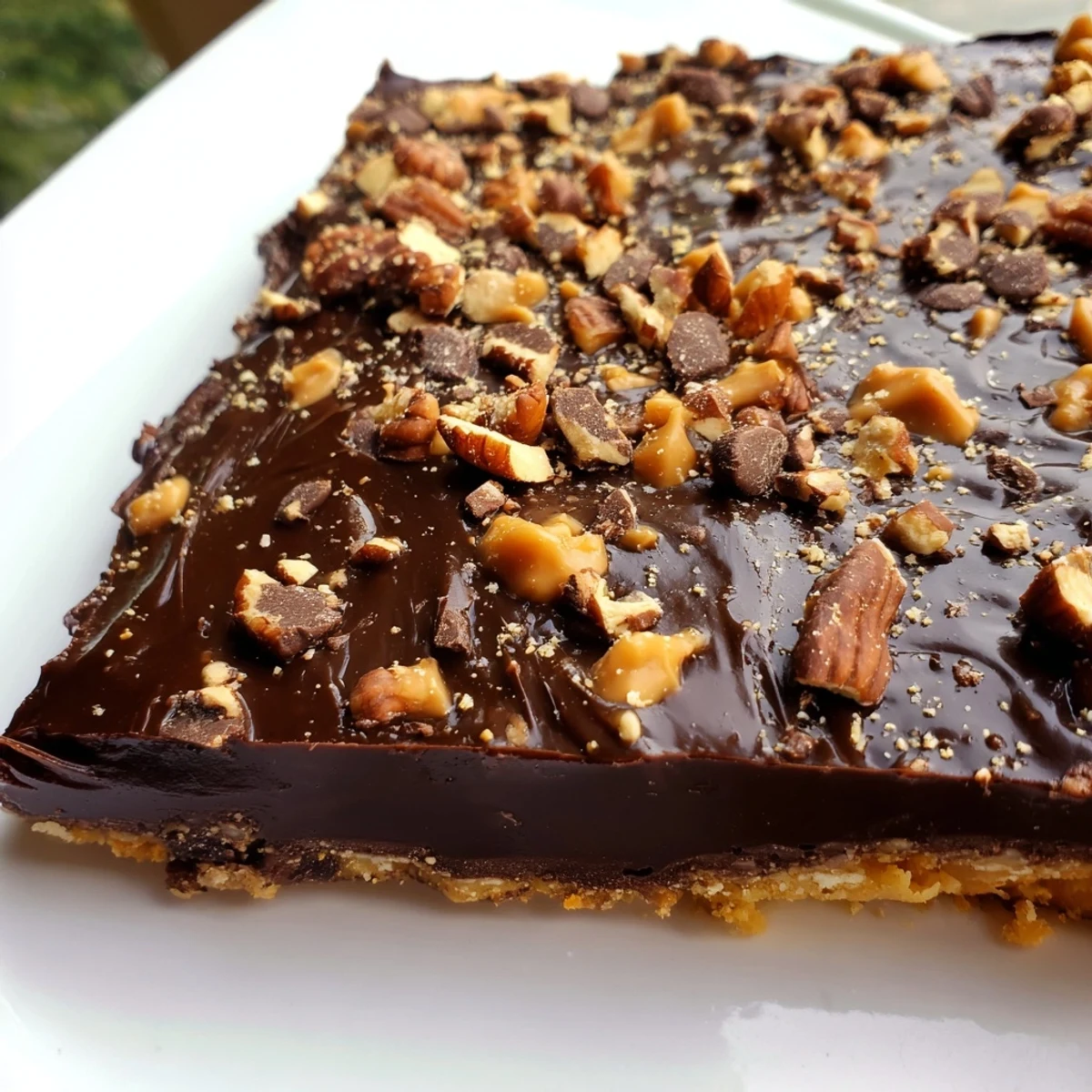 Close-up of golden-brown Cake Mix Toffee Bars with melted chocolate and crunchy toffee bits on a rustic wooden board.