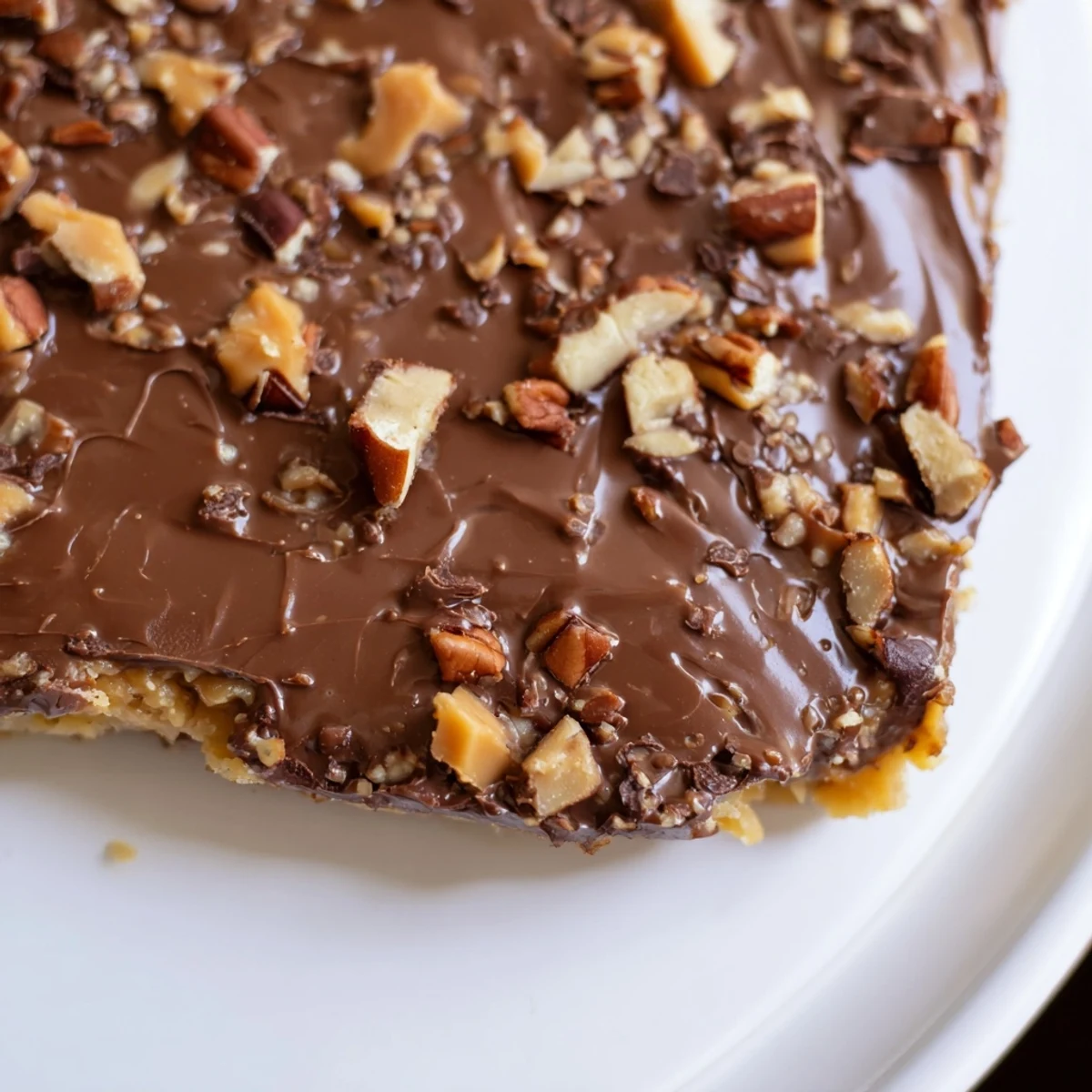 Freshly baked Cake Mix Toffee Bars sprinkled with toffee and pecans, ready to serve on a cooling rack.