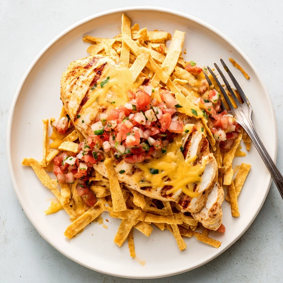 A close-up of Fiesta Lime Chicken topped with melted cheese, Mexi-ranch sauce, pico de gallo, and tortilla strips.