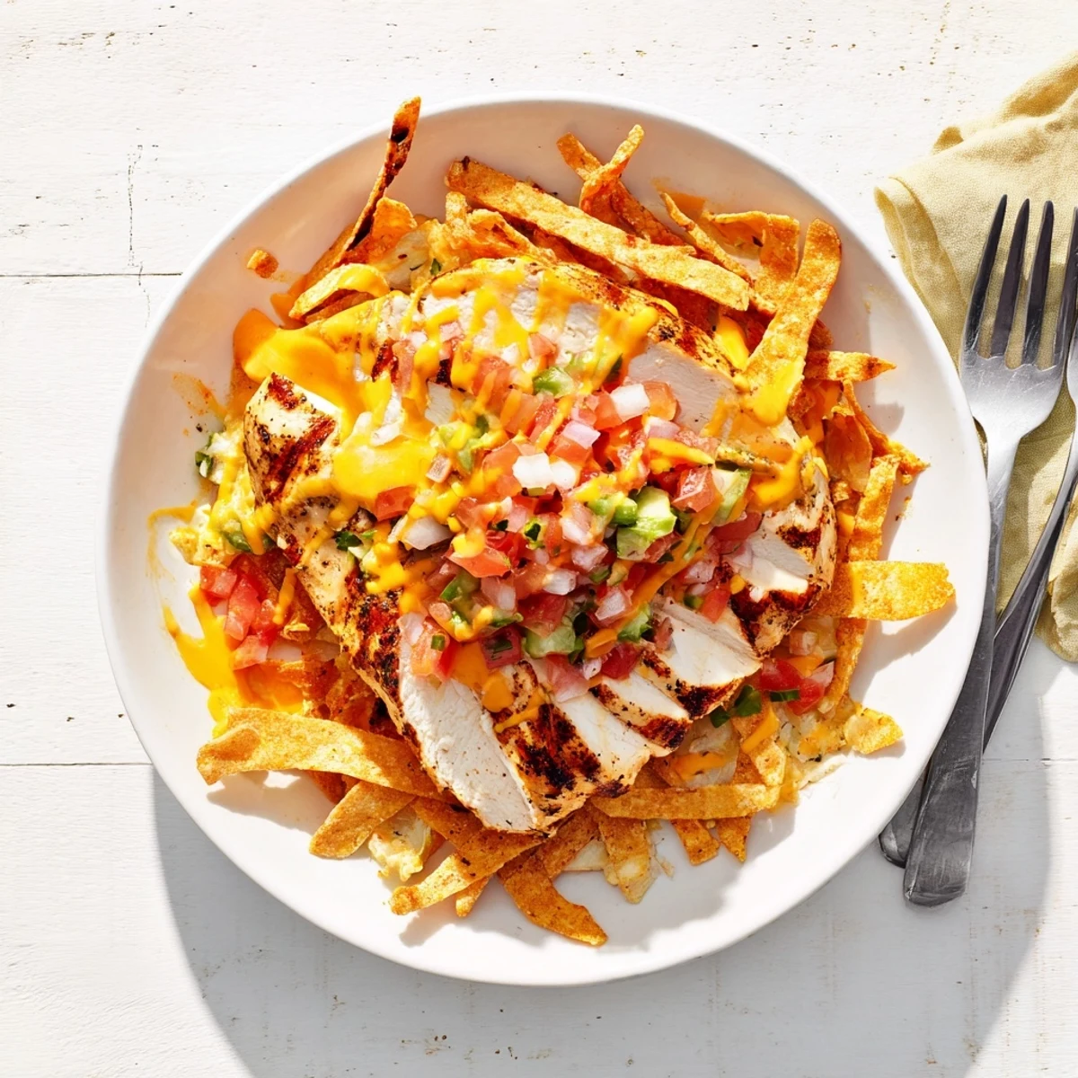 Serve Fiesta Lime Chicken on a platter with pico de gallo and melted cheese, a festive Tex-Mex meal.