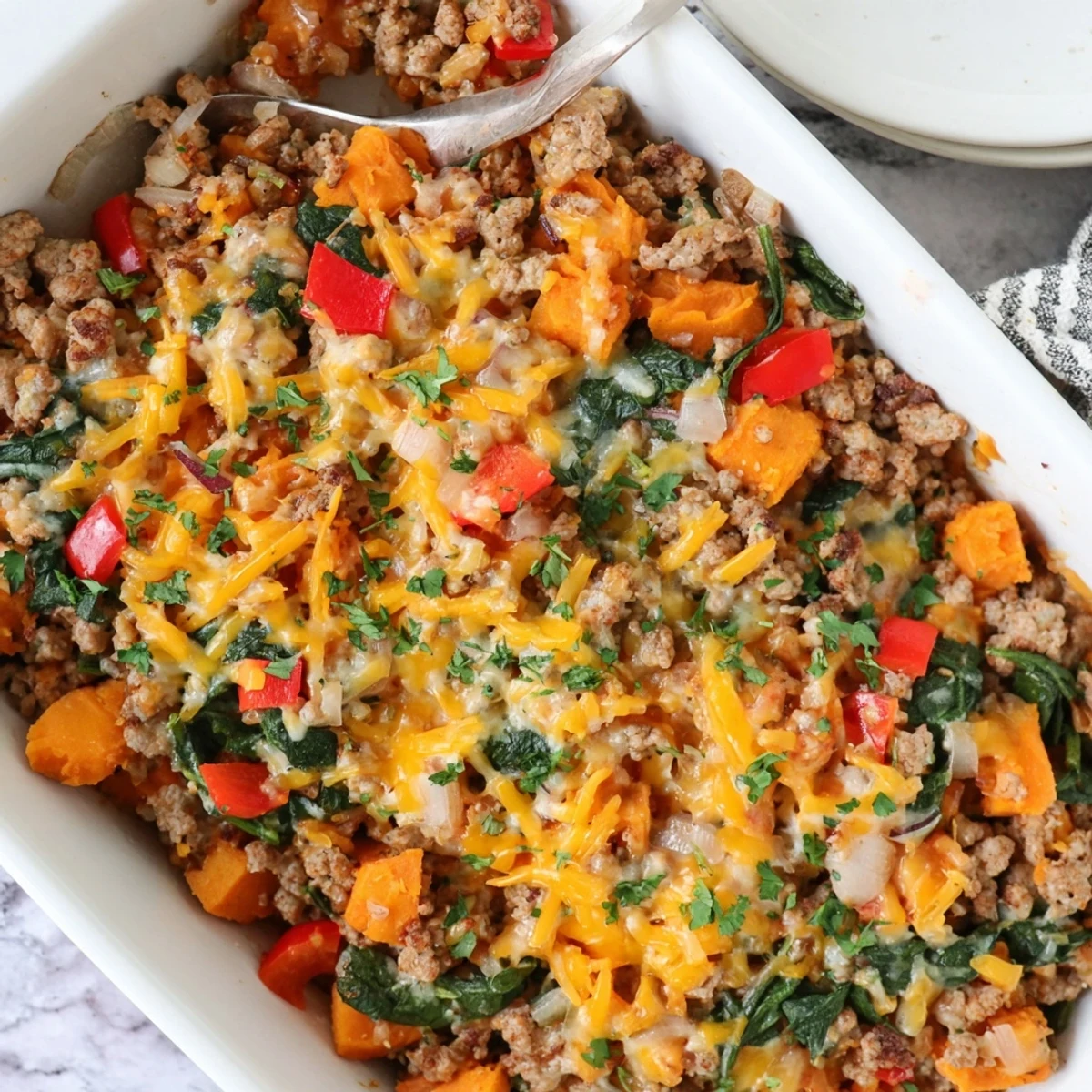 Golden brown Ground Turkey Sweet Potato Bake bubbling from the oven, topped with melted dairy-free cheese and fresh parsley.