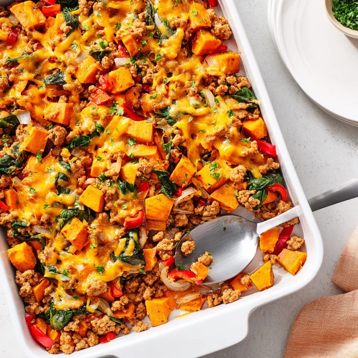 A hearty serving of Ground Turkey Sweet Potato Bake on a plate with a side salad for a wholesome dinner.