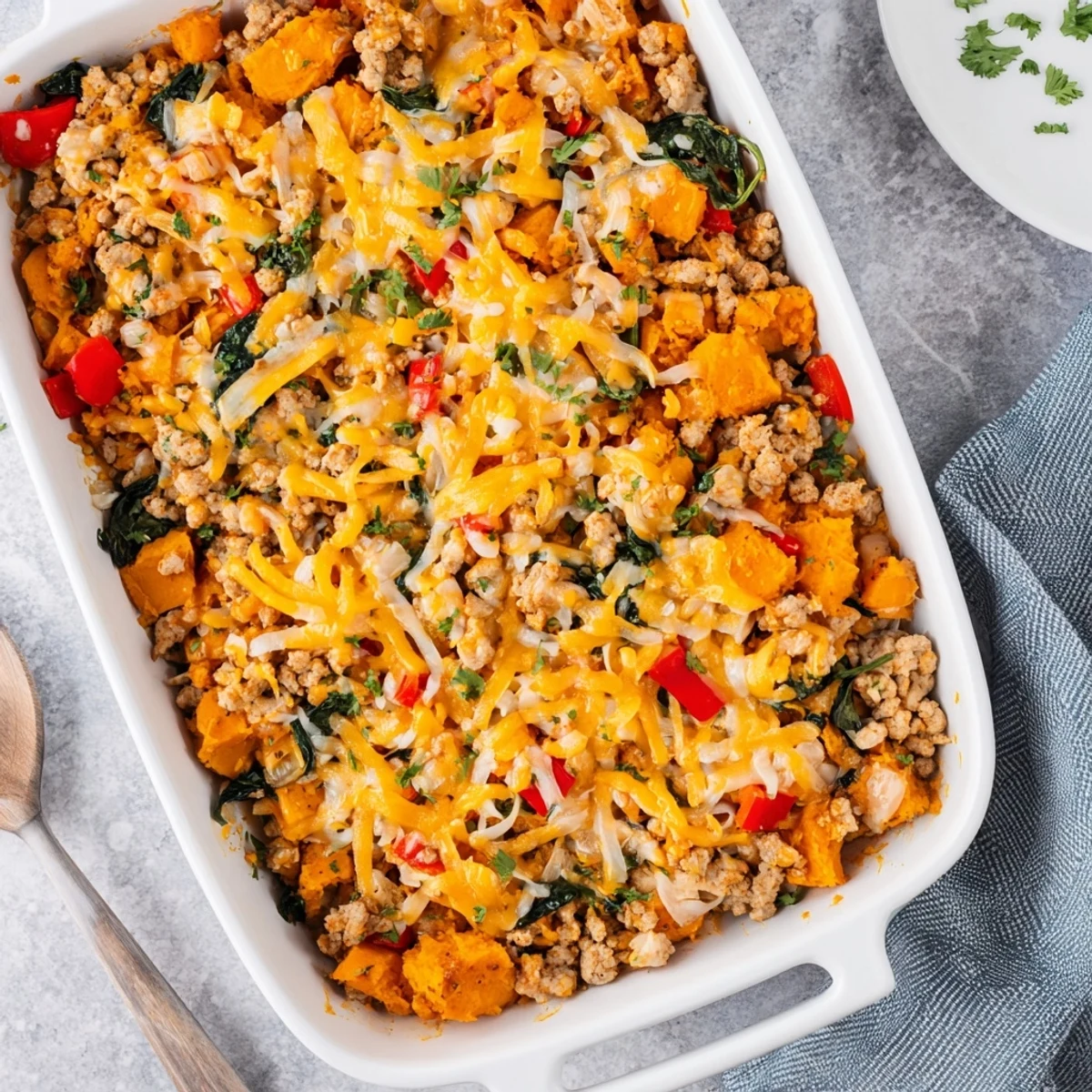 Close up view of Ground Turkey Sweet Potato Bake showing tender sweet potatoes and savory ground turkey mixed with spinach.