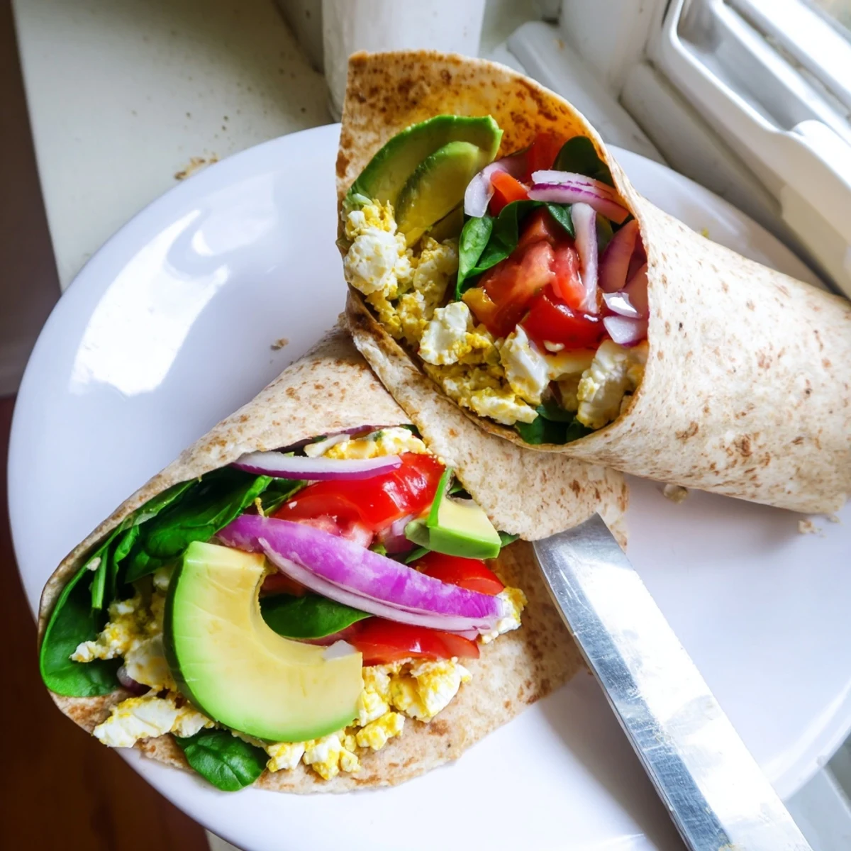 A freshly prepared High Protein Breakfast Wrap with Cottage Cheese and Avocado is sliced in half, revealing fluffy scrambled eggs, creamy avocado slices, and vibrant spinach and tomato fillings inside a warm whole wheat tortilla. This quick, healthy breakfast idea is served on a rustic wooden board with a side of hot sauce.