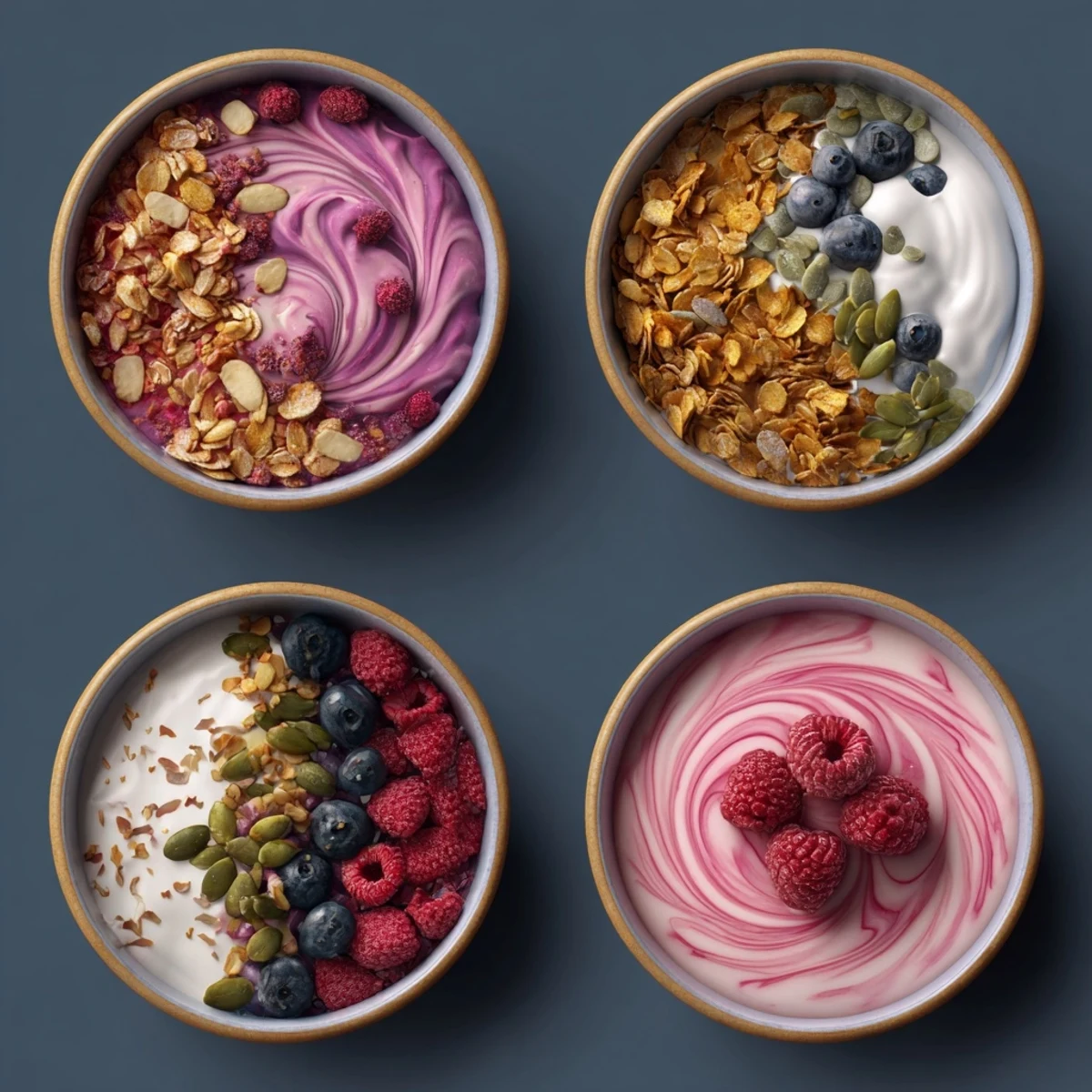 A vibrant Easy Yogurt Granola Bowls 4 Ways topped with fresh berries, sliced almonds, and a honey drizzle for a colorful breakfast.