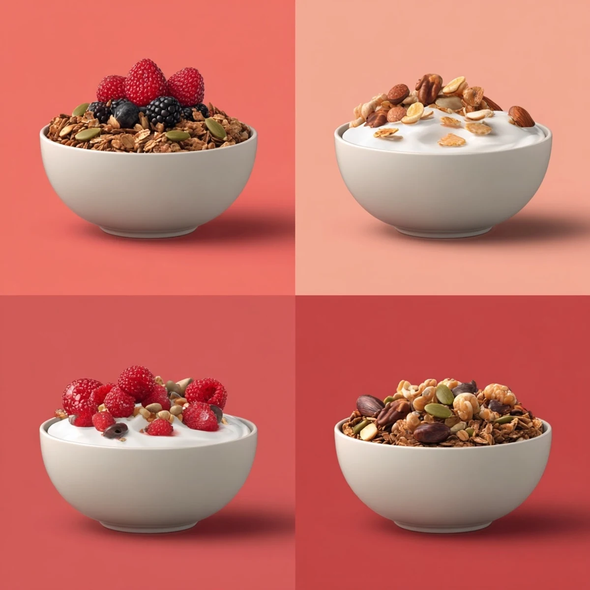 Four bowls of Easy Yogurt Granola Bowls 4 Ways arranged on a table with apples, cinnamon, walnuts, maple syrup, bananas, and chocolate chips.